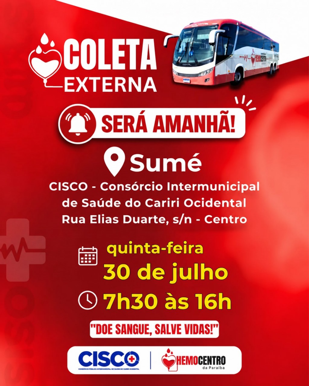 CISCO recebe ação de coleta externa de sangue nesta quinta-feira (30) em Sumé