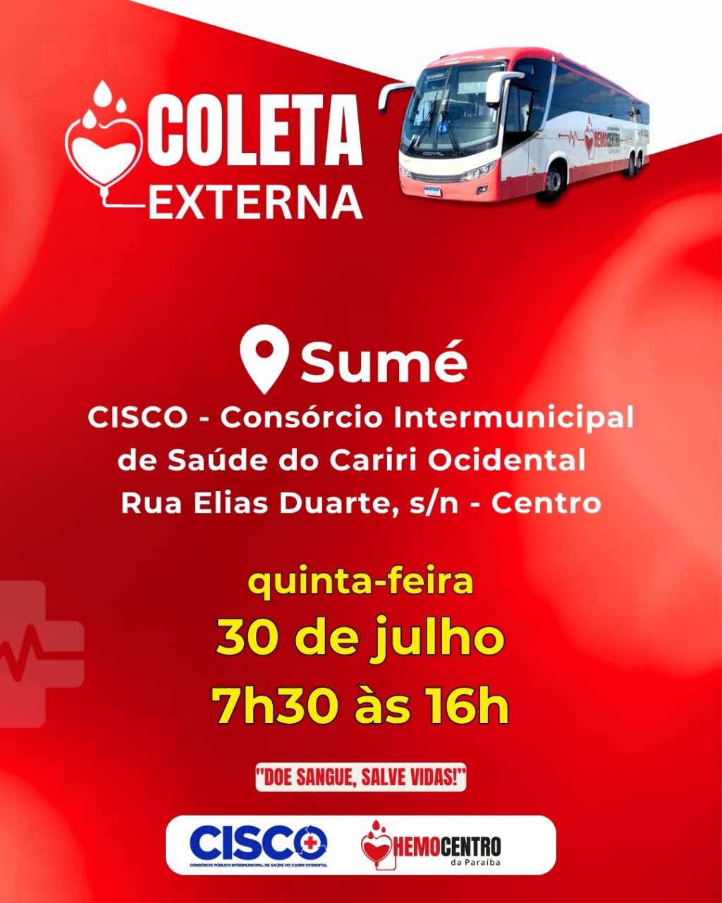 CISCO recebe ação de coleta externa de sangue em Sumé no dia 30 de julho